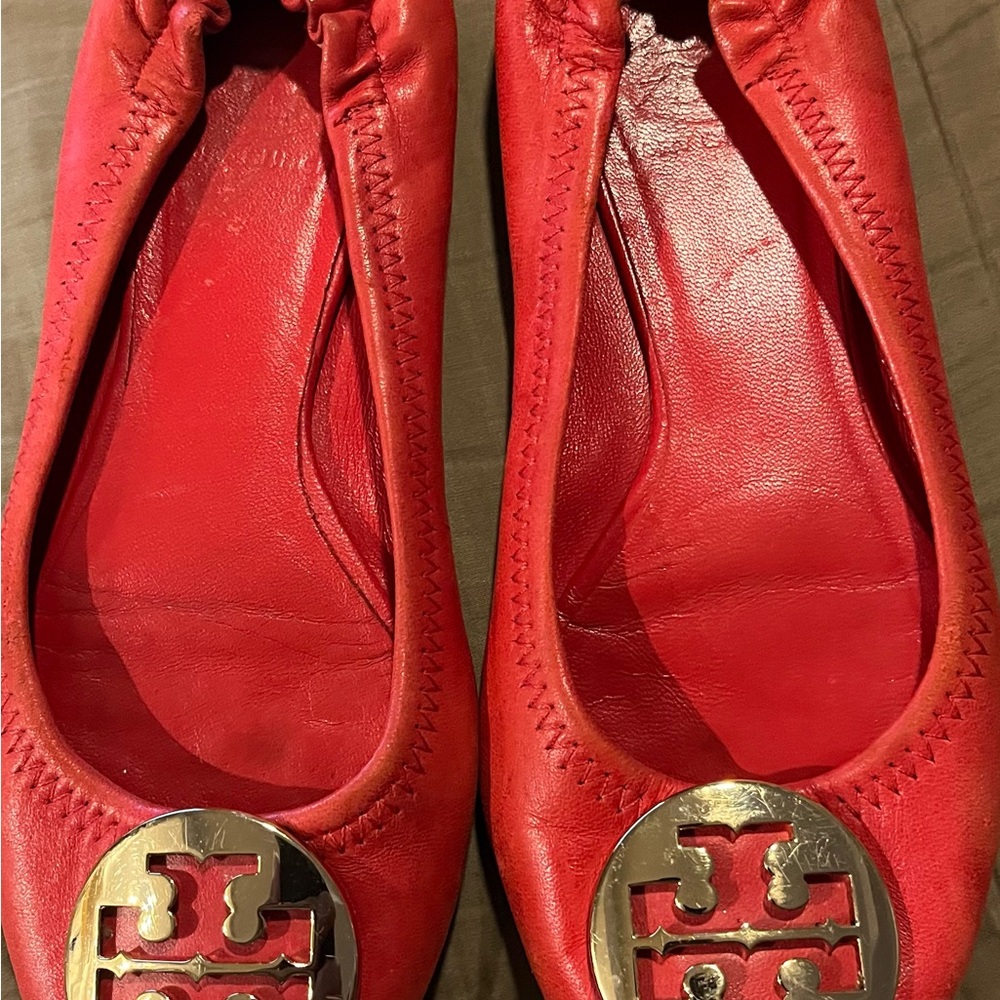 Tory Burch Red Leather Logo Ballet Flats